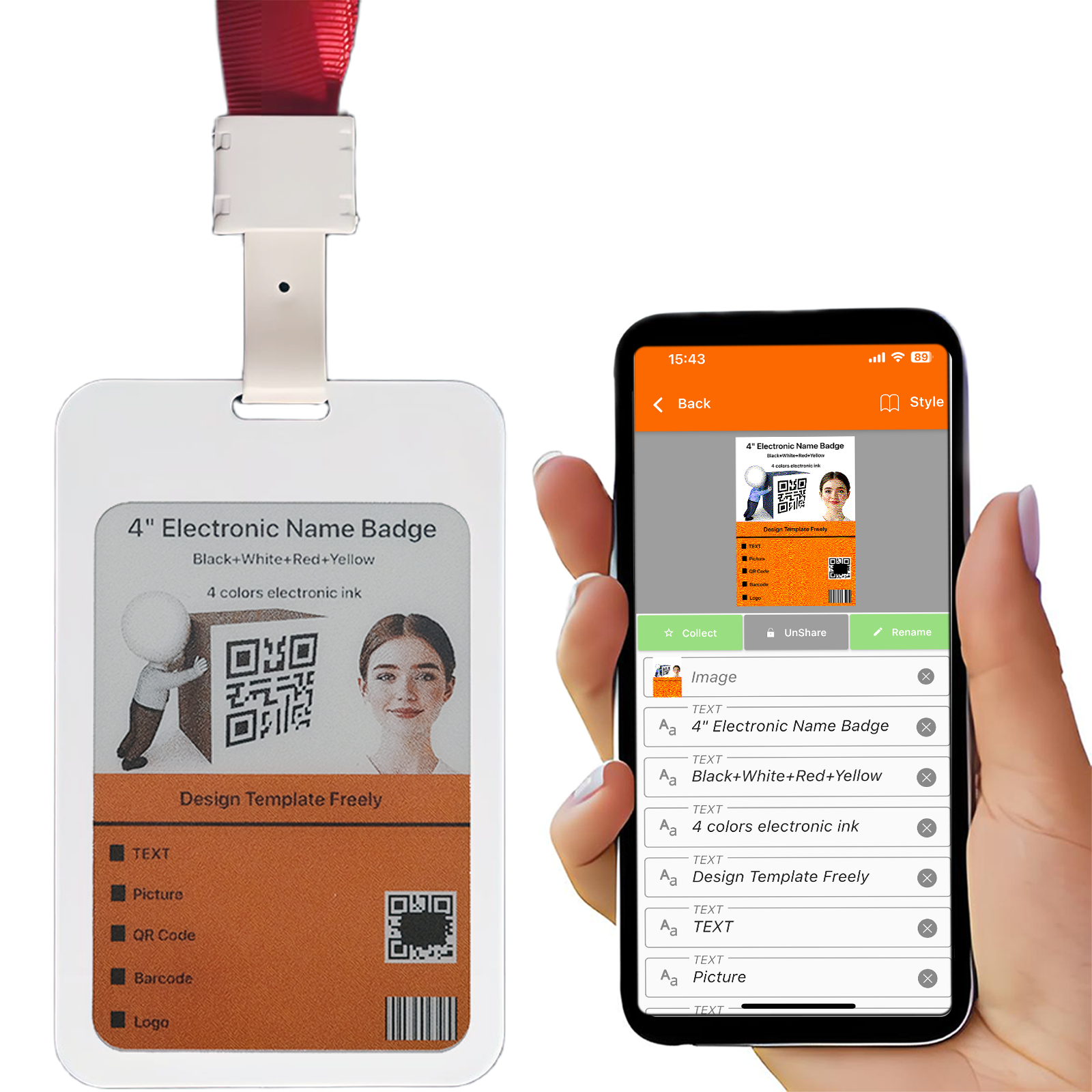 Electronic Name Badge, Business Card, Infor Card, Decoration Card with 4” 4 Colors of Epaper Screen (Lanyard Included)