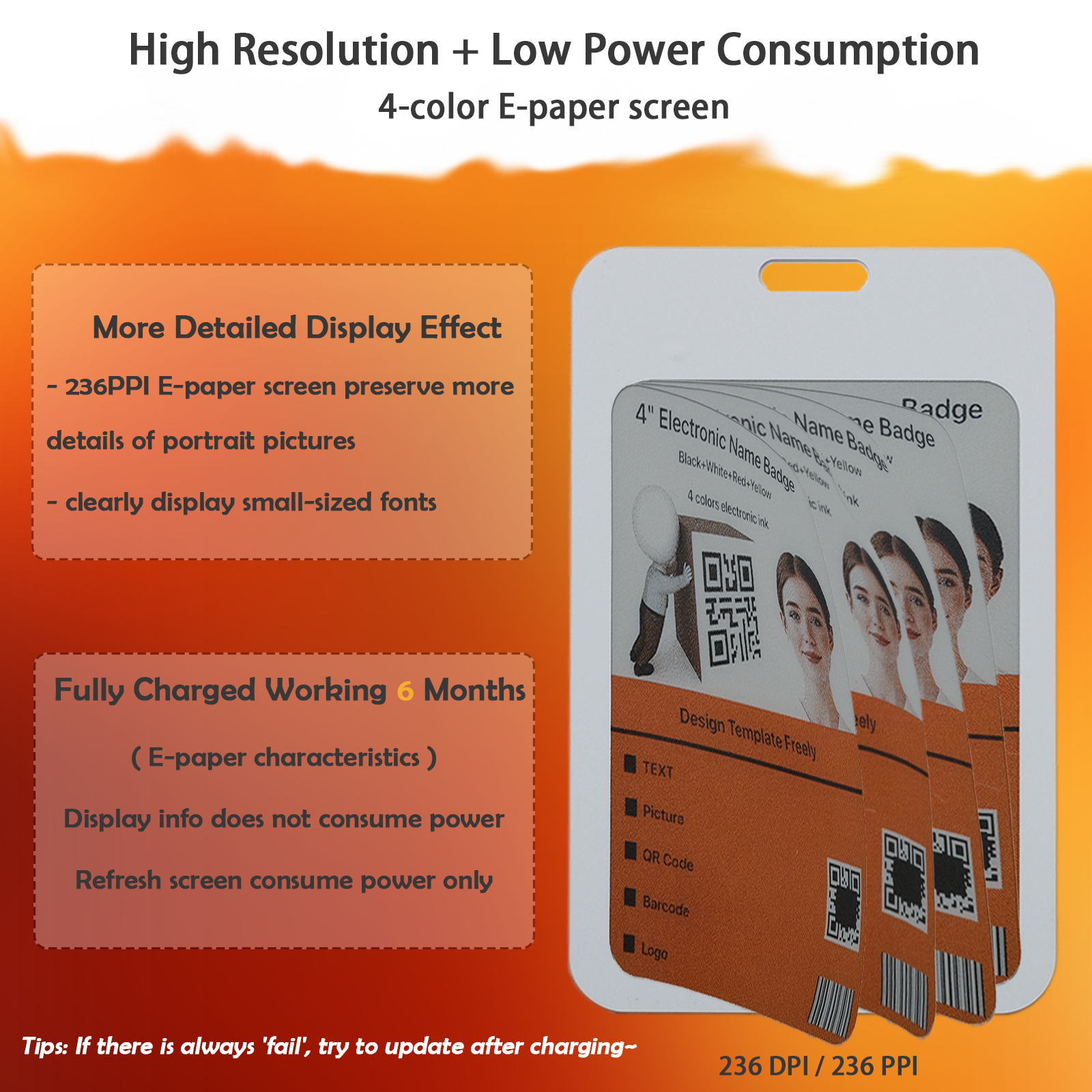 Electronic Name Badge, Business Card, Infor Card, Decoration Card with 4” 4 Colors of Epaper Screen (Lanyard Included)