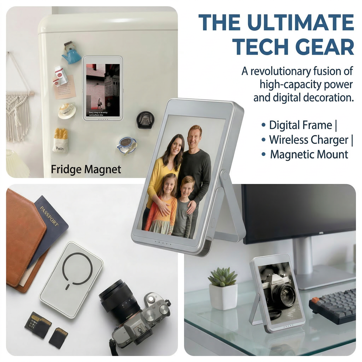 SweeLe 3.7” 4-color E-paper Frame - 5000 mAh Magnetic Wireless Charger Bank, Digital Fridge Magnet with Smart APP, Ultra-Slim Backup Power with Kickstand, Gift for Family